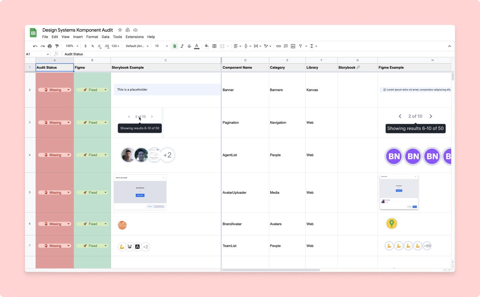 Google spreadsheet of a component audit